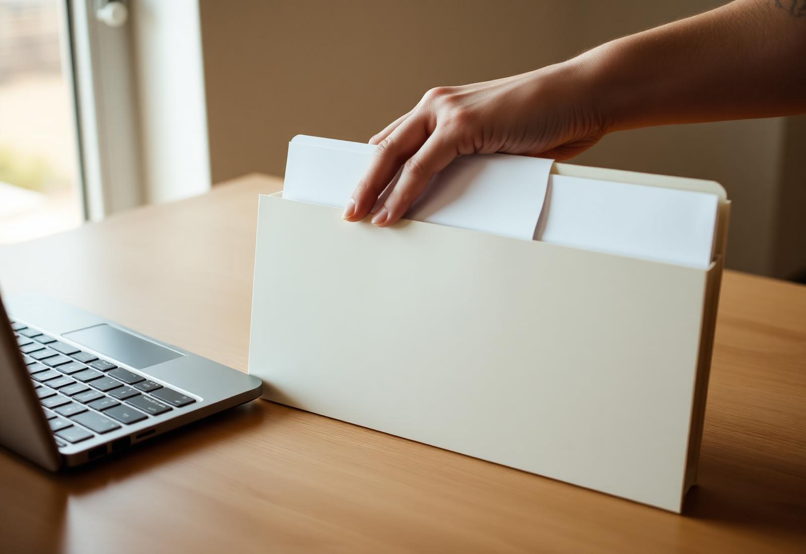 Hands filing a document into a folder beside a laptop