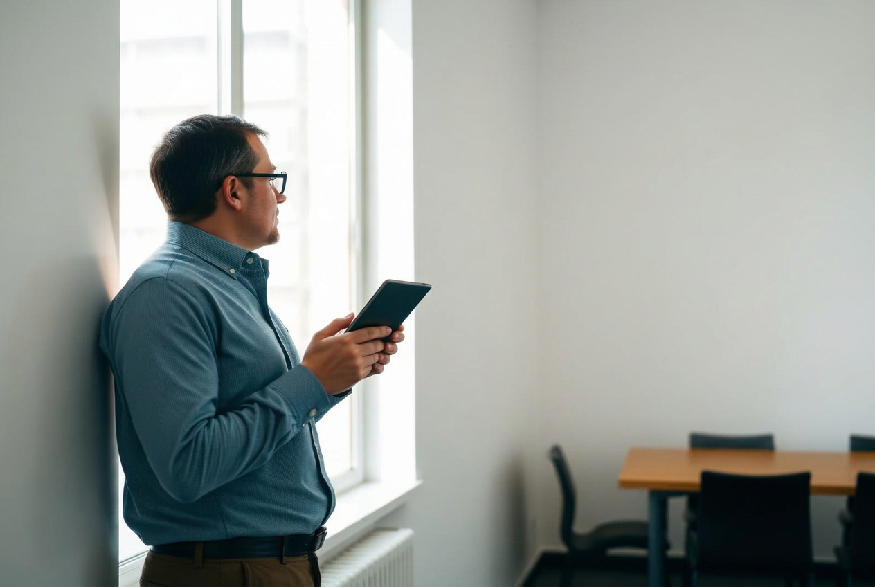 A multi-site operations manager reviewing hiring plans on a tablet by an office window