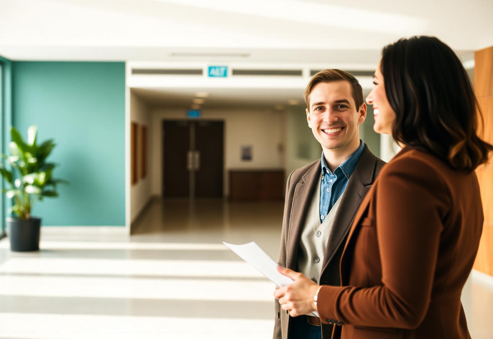 An HR coordinator welcoming a smiling new hire in a bright lobby