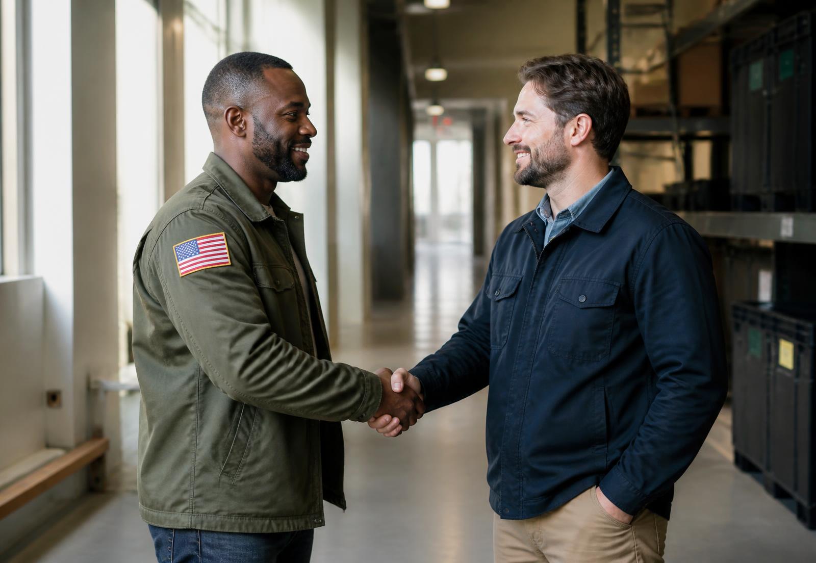 A veteran shaking hands with a supervisor on their first day at a facility