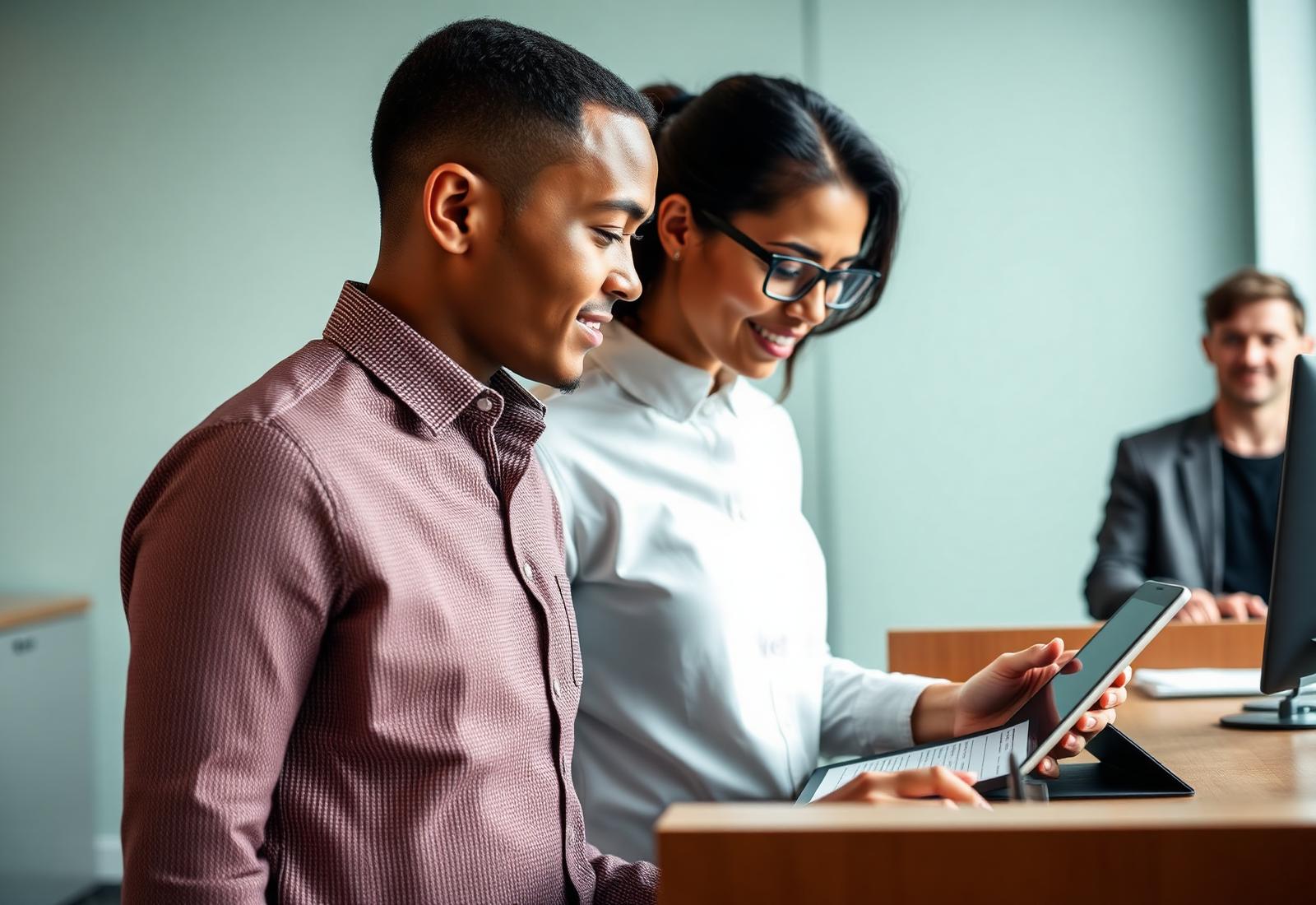 A new hire completing onboarding forms on a tablet at a reception desk