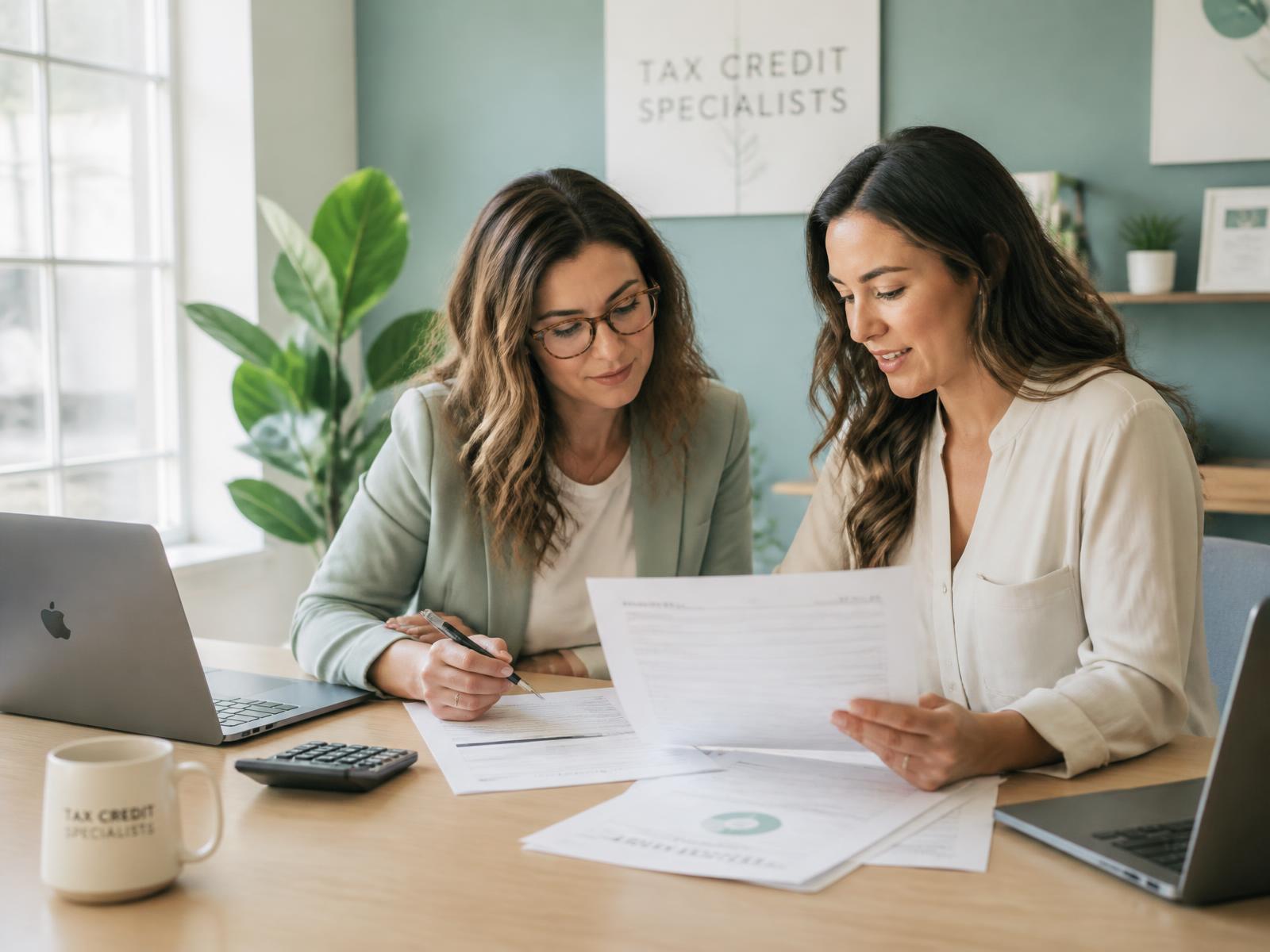 Two hiring credit specialists reviewing certification paperwork together